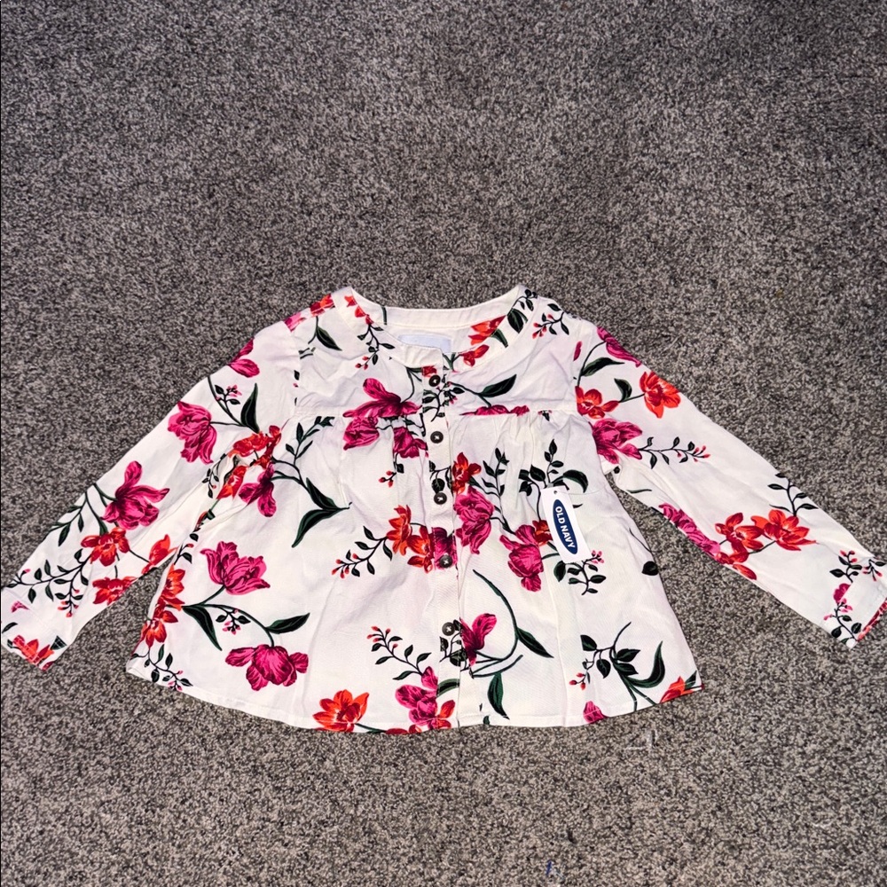 Old Navy Kids Floral Button Down Shirt - Pink and Red on White